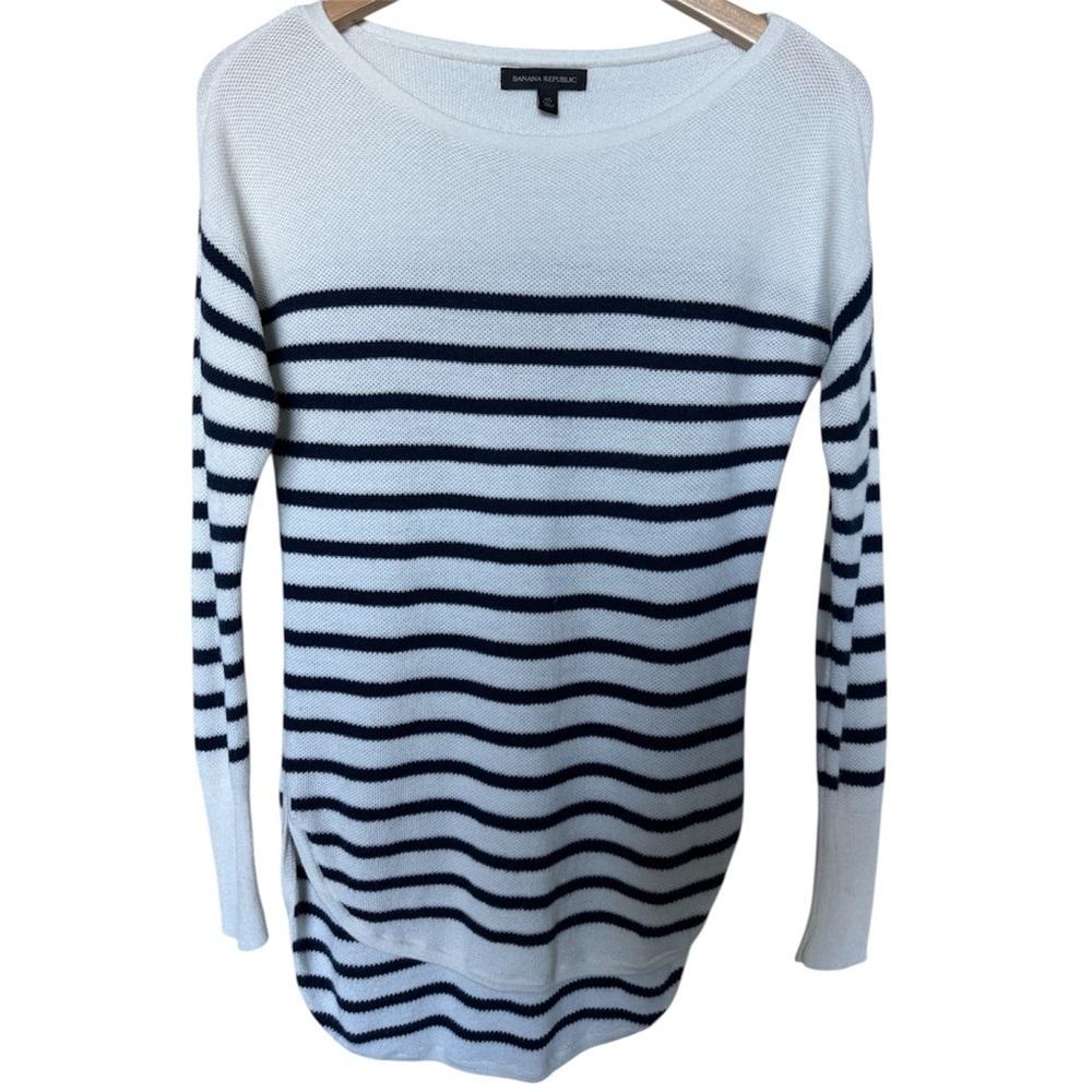 BANANA REPUBLIC Navy Blue + Cream Striped Knit Boatneck Sweater Long Sleeves XS